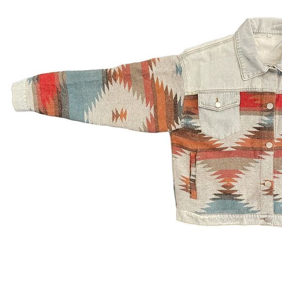 Denim Aztec Jacket Southwestern Light Blue Denim Jacket Crop Coat Women's M NEW - Picture 4 of 12